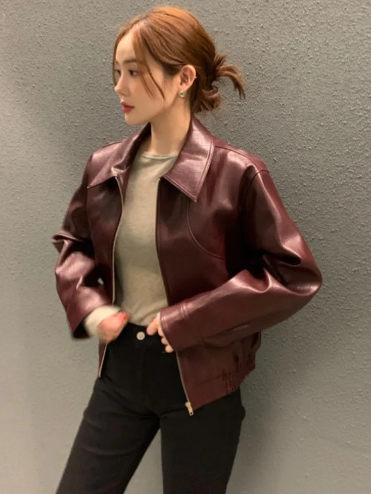 Chic autunno inverno colletto retrò lungo Sve PU pelle Jaet ort cappotto casual versatile donna Faion taglia piccola amichevole