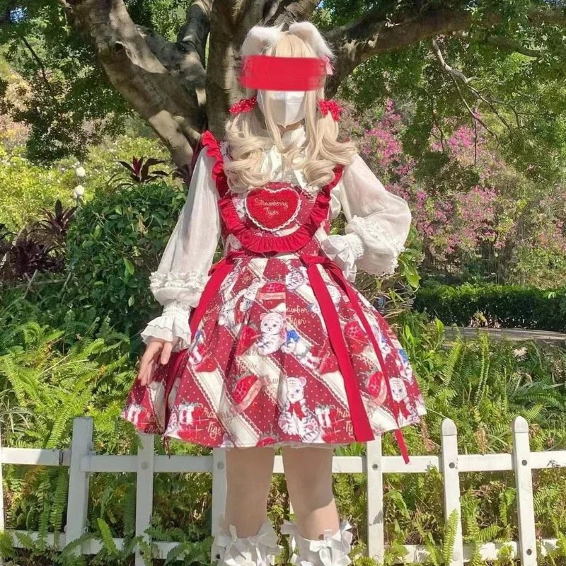 Милое платье Jsk в стиле Лолиты, женское платье с принтом медведя и оборками, клубничное платье, женское милое мини-платье без рукавов, весна 2023 г.