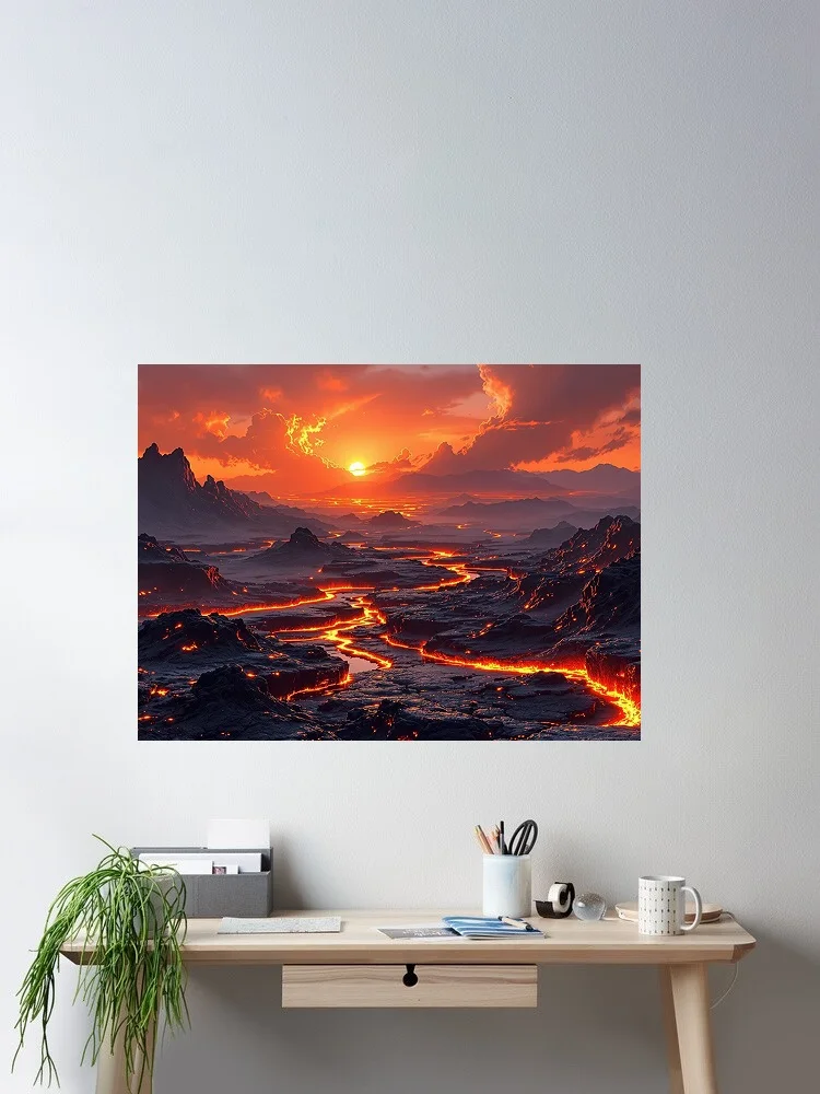 Photo du coucher de soleil sur les rivières de lave et les montagnes volcaniques, affiche sur toile, décoration de salon, image murale pour la maison