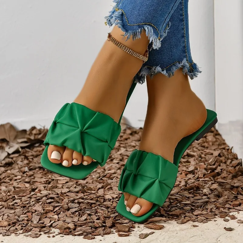 Summer Slippers for Women Flip Flops Flats 2024 New Pleated Korean Slippers Women Sandals Green Slip on Shoes Big Size 35-42