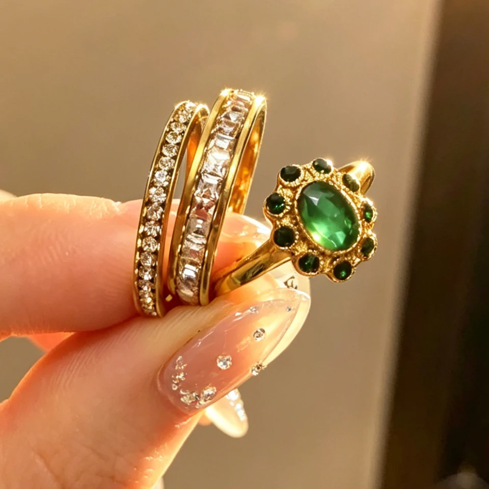 Yupsk 18K Gold Plated Stainless Steel Green Zircon 3pcs Stackable Rings Retro Luxury Daily Finger Accessories Gift