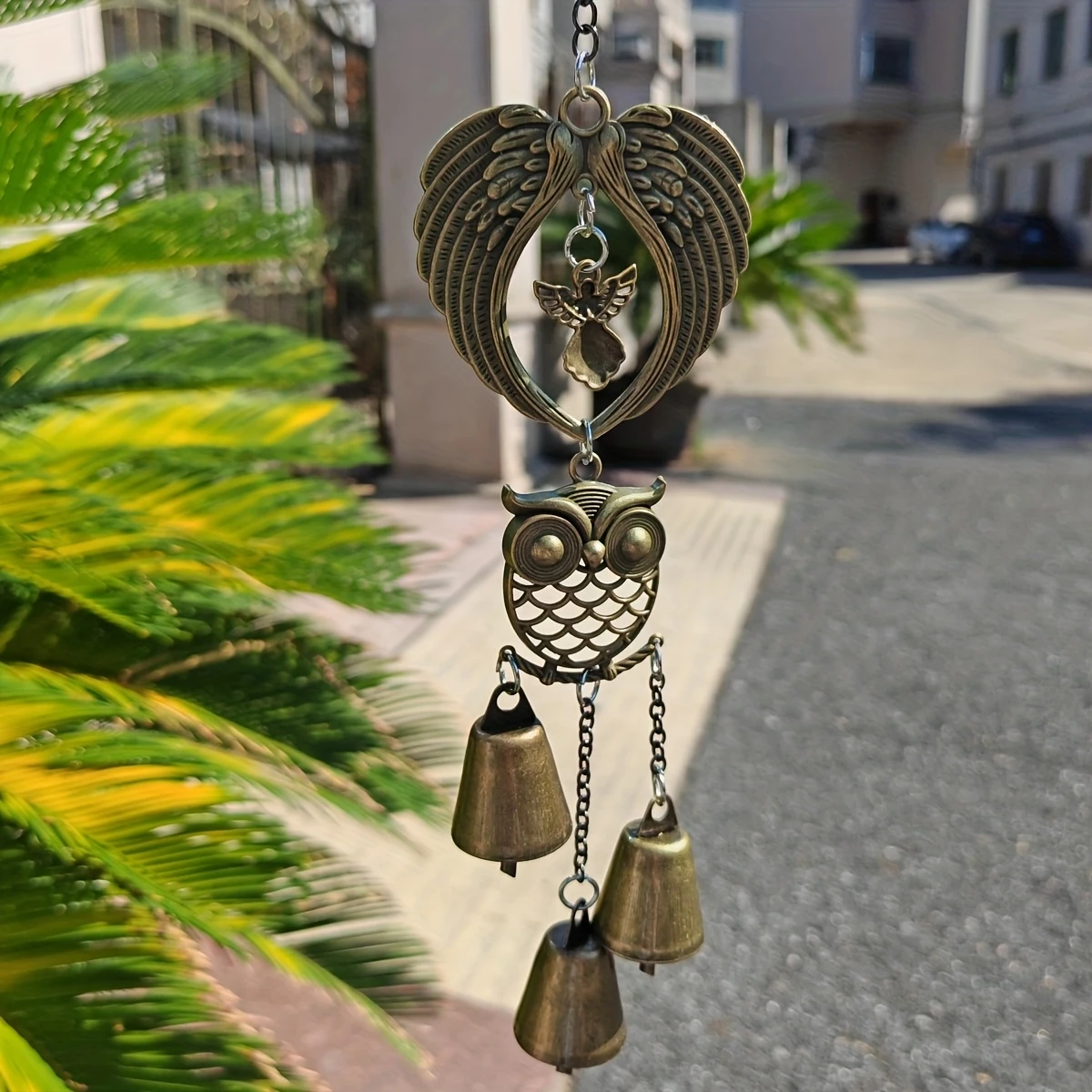 1Pc Metal Bell, Vintage Angel and Owl Wind Chime with Wings, Rustic Outdoor Iron Bell, Antique Bronze Color, Hanging Decoration for Garden, Patio, Porch, Housewarming Gift.