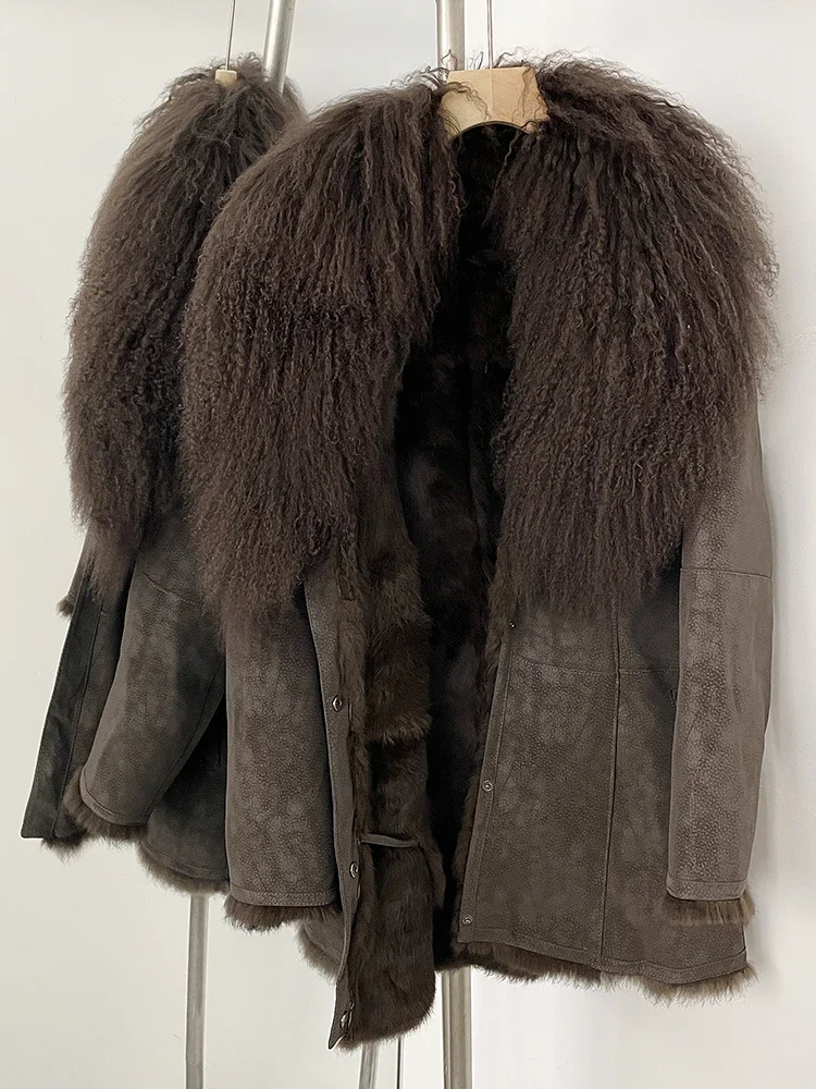 Nouveau hiver femmes moyen réel lapin fourrure mélange manteau femme épaissi chaud naturel mongolie mouton fourrure veste haut vêtements