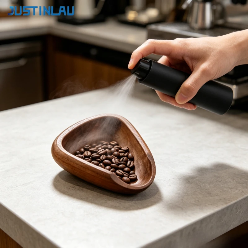 JUSTINLAU Coffee Bean Dosing Cup with Spray Bottle Set Wooden Bean Measuring Tray Portable Dispensing Bottle Coffee Lover Gift