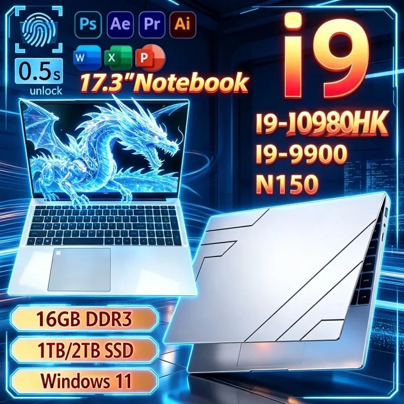 2026 Office‑Focused 17.3 Inch Laptop Intel I9‑10980HK/I9‑9900/N150 16GB 32GB 2TB SSD Win11 Ultra Slim Gaming Office Notebook