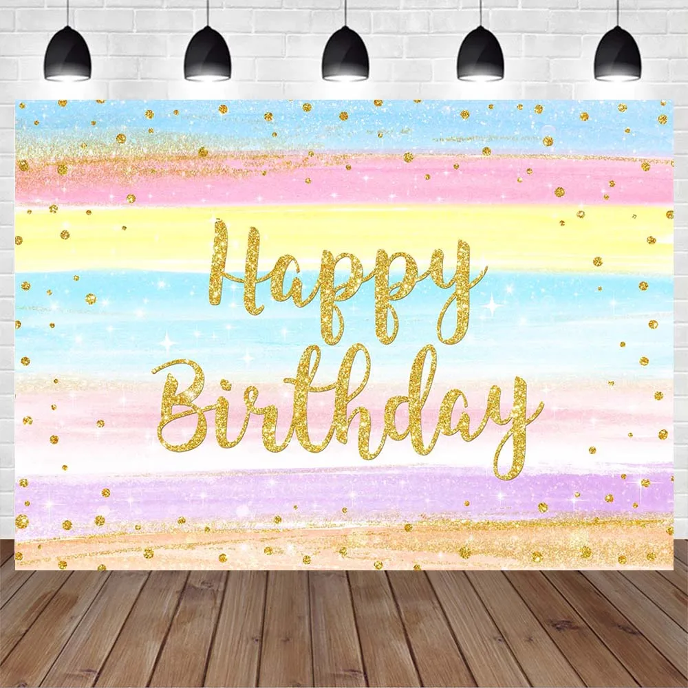 Mocsicka Happy Birthday Photo Background Rainbow Colors Stripes Polka Dots Photography Background Girl Birthday Party Customized