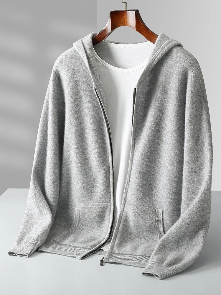 Thick Warm Men's Cashmere Hooded Cardigan Autumn Winter 100% Merino Wool Sweater Hoodie Zipper Soft Knitwear Casual Male Jacket