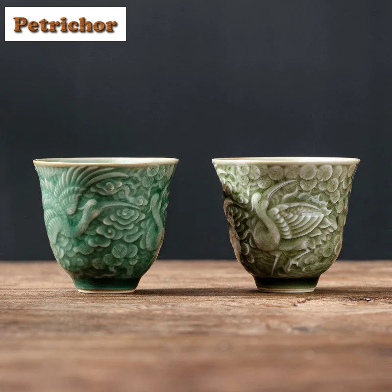 

2 шт./лот, чайная чашка с рельефным сосновым журавлем, винтажная чайная чаша, красивая чайная чашка, чашка с ароматом для дегустации чая Jianzhan Master, чашки для чая 80 мл