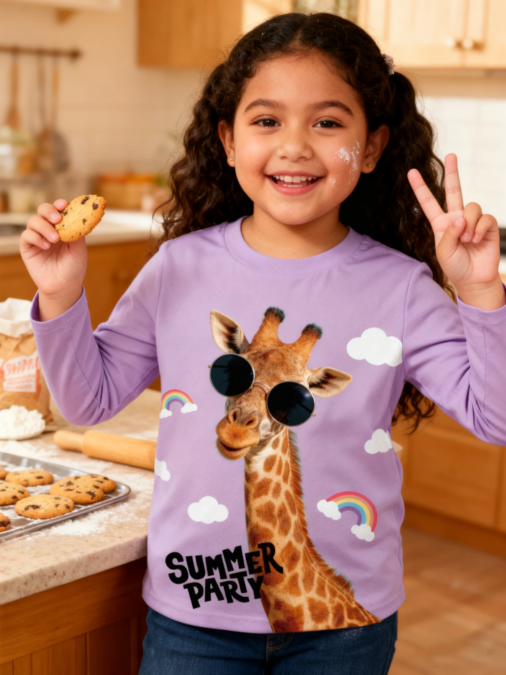 Trendy giraffe print children's purple long sleeves, with every happy daily