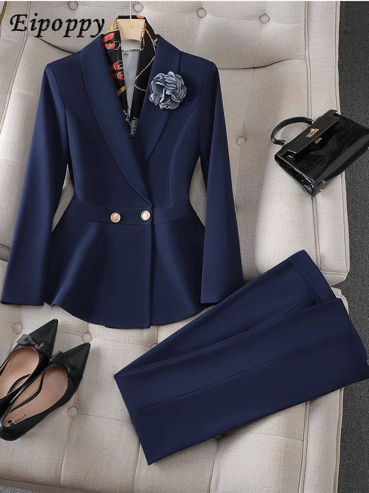 

Blue White Elegant Ladies Pant Suit Women Slim Ruffle Jacket Blazer And Trouser Female Work Wear Formal 2 Piece Set For Autumn