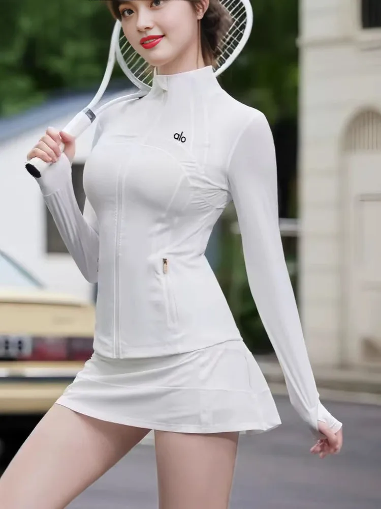 Alo Summer Vêtements de protection solaire pour sports de plein air pour femmes, coupe cintrée, respirant, sensation de fraîcheur, fermeture à glissière longue Sve C...
