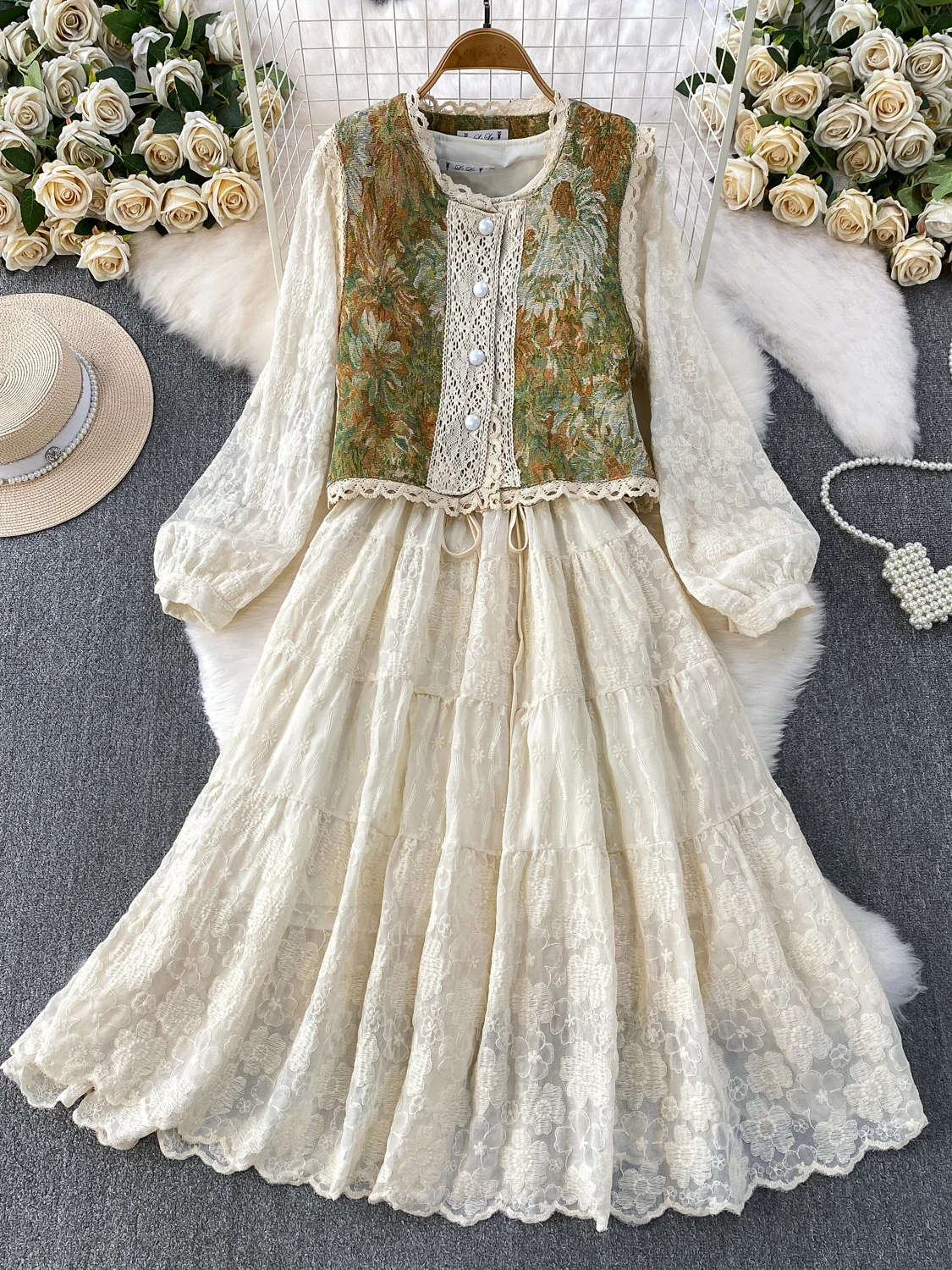 

Retro Heavy Oil Painting Embroidery Lace Patchwork Vest Jaet Soft Peach Date Dr Set Gentlewoman Sle High Waist A-Line ...