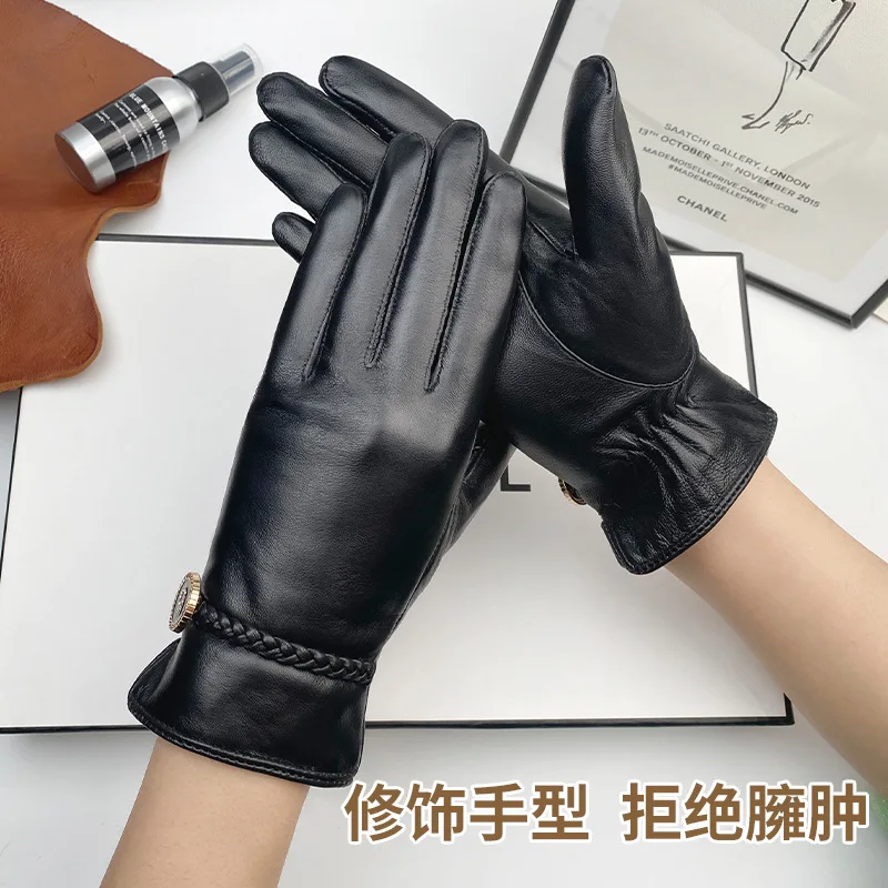 Genuine Leather Women Gloves Thickened Fleece Driving Cycling Cold Warm Touch Screen guantes invierno Sheepskin Gloves