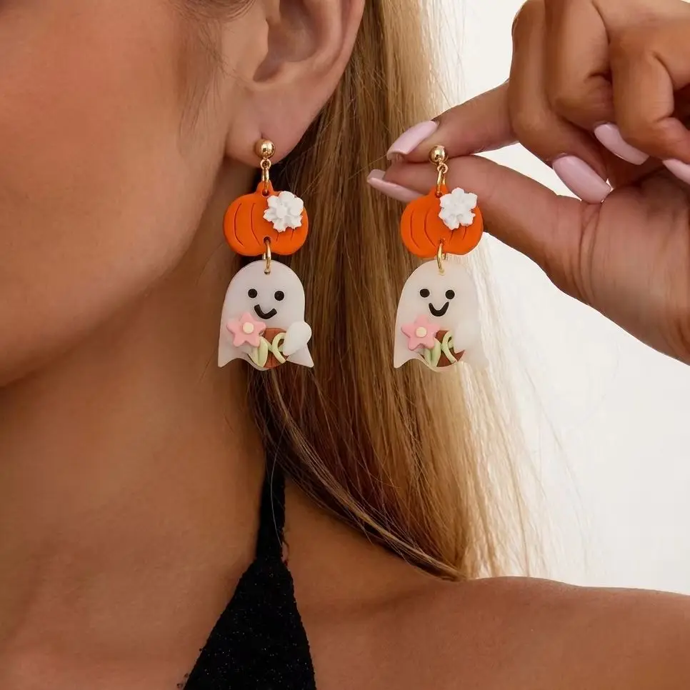 Cute Halloween Ghost Dangle Earrings For Women Soft Clay Pumpkin Sweet Flower Drop Earring Thanksgiving Holiday Party Jewelry