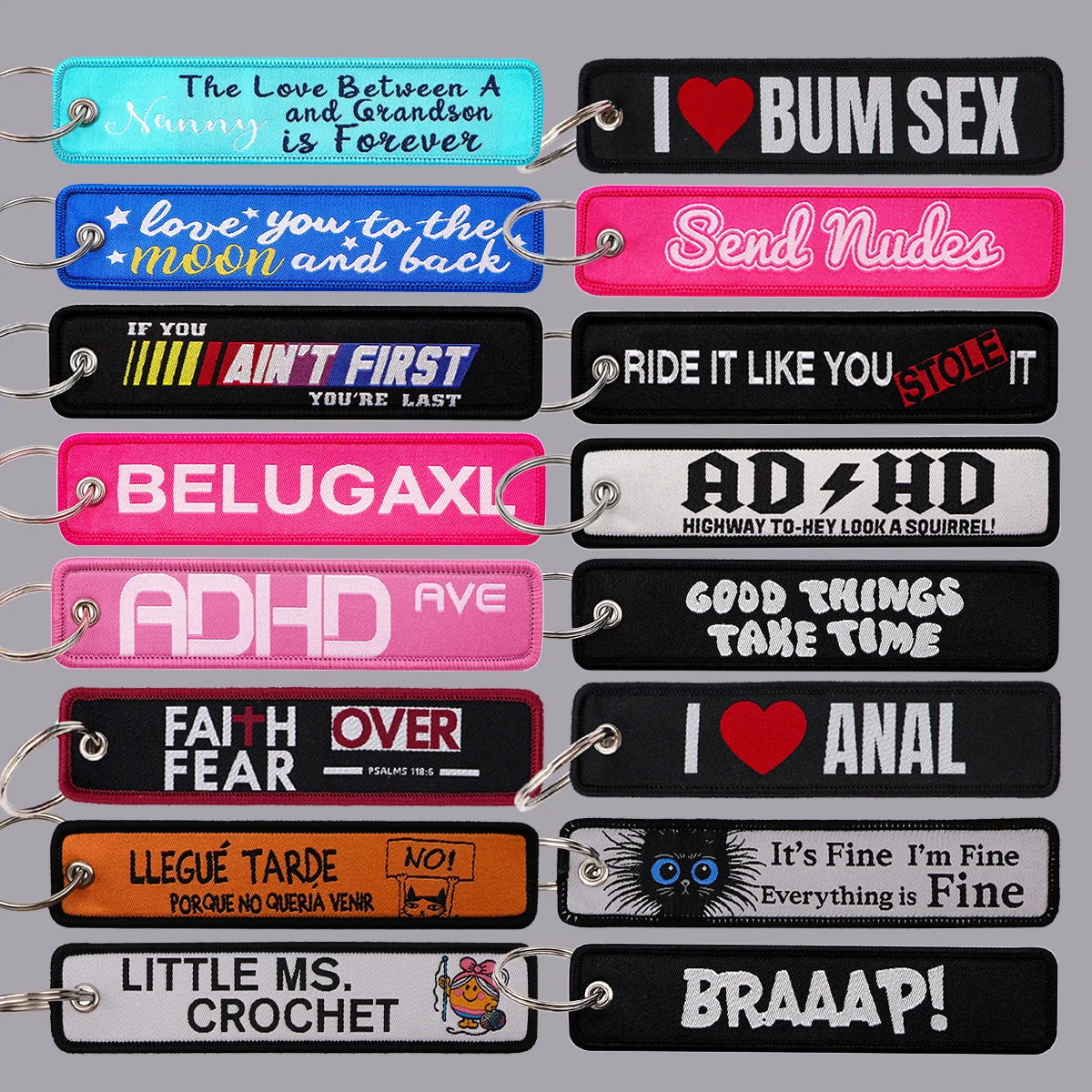 ADHD المفاتيح للسيارات على ظهره أصحاب المفاتيح ركوب ذلك مثلك مضحك يقتبس التطريز Keyrings مفتاح العلامة جت العلامة اكسسوارات الهدايا