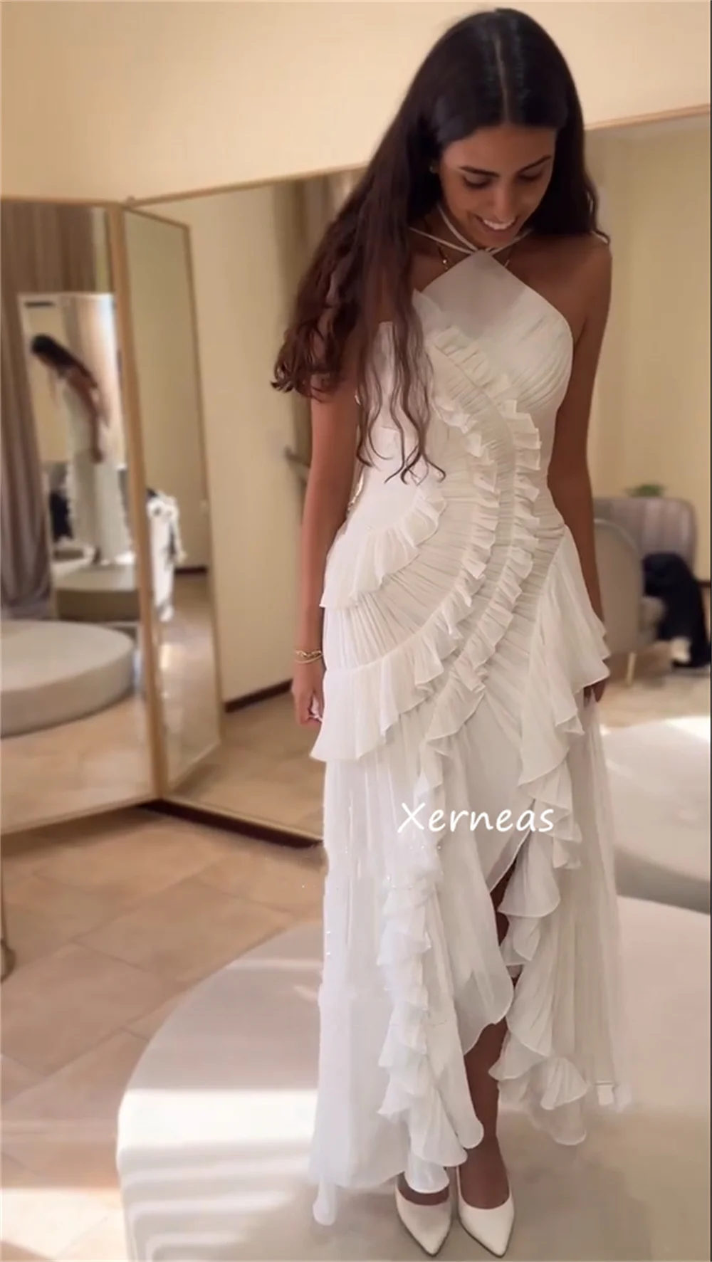 Maßgeschneiderte, exquisite Chiffon-Kleider mit Rüschen, A-Linie, Neckholder, lange Kleider, maßgeschneiderter Anlass, Quinceanera, passender chinesischer Stil