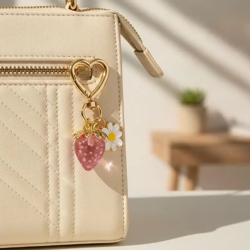 Niedlicher Erdbeer-Herz-Blumen-Schlüsselanhänger Taschenanhänger für Mädchen, Handtaschen-Geschenke, Deko-Accessoires – Detail 1