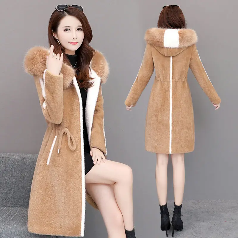 Imitation Mink Fleece Jackets Womens Autumn Winter Thicken Warm Hooded Woolen Coat High End Lady Gold Mink Velvet Wool Overcoat