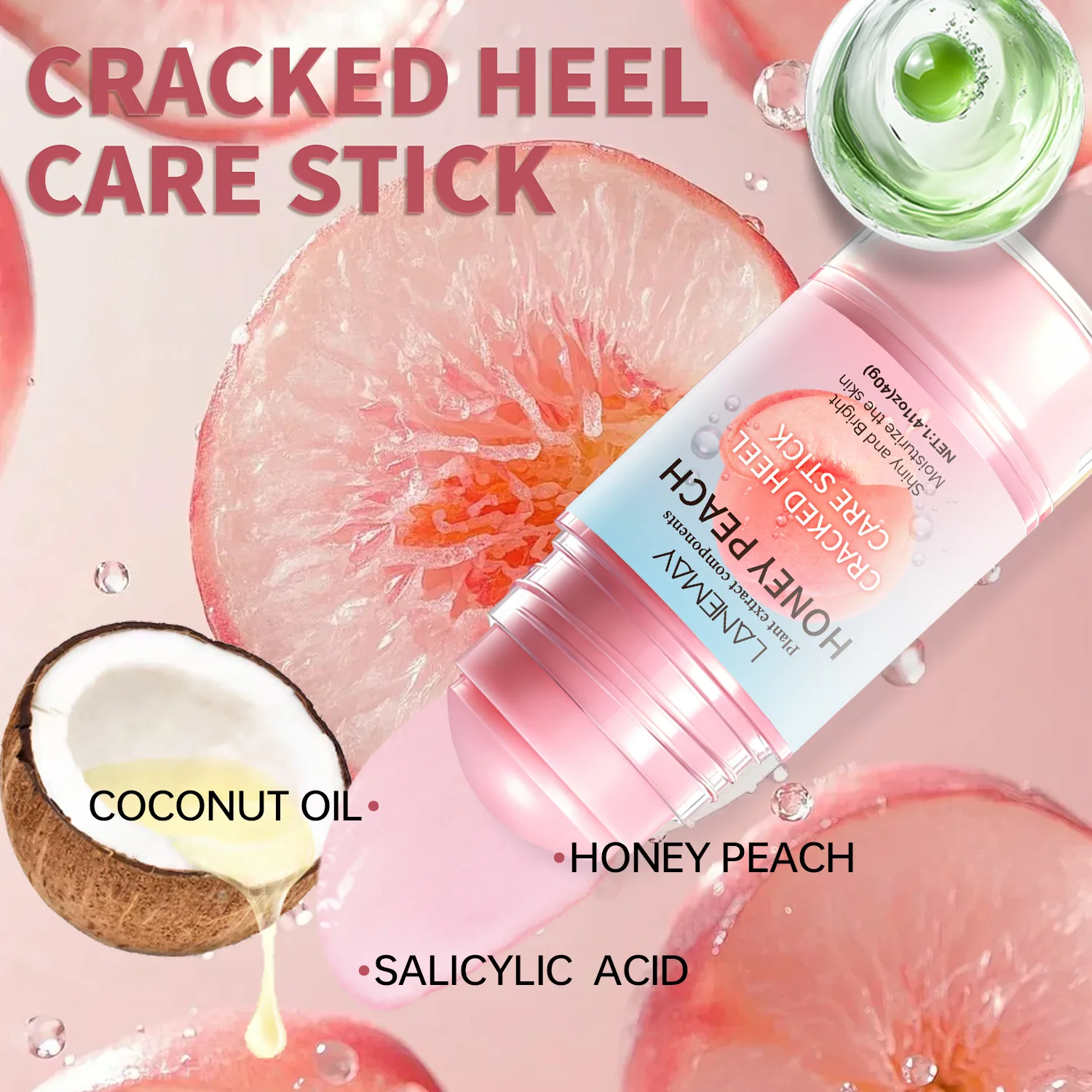 Peach-flavored foot moisturizing stick. Deeply nourishes foot skin. Reverses dryness and cracking of heels. Smooths skin 40g