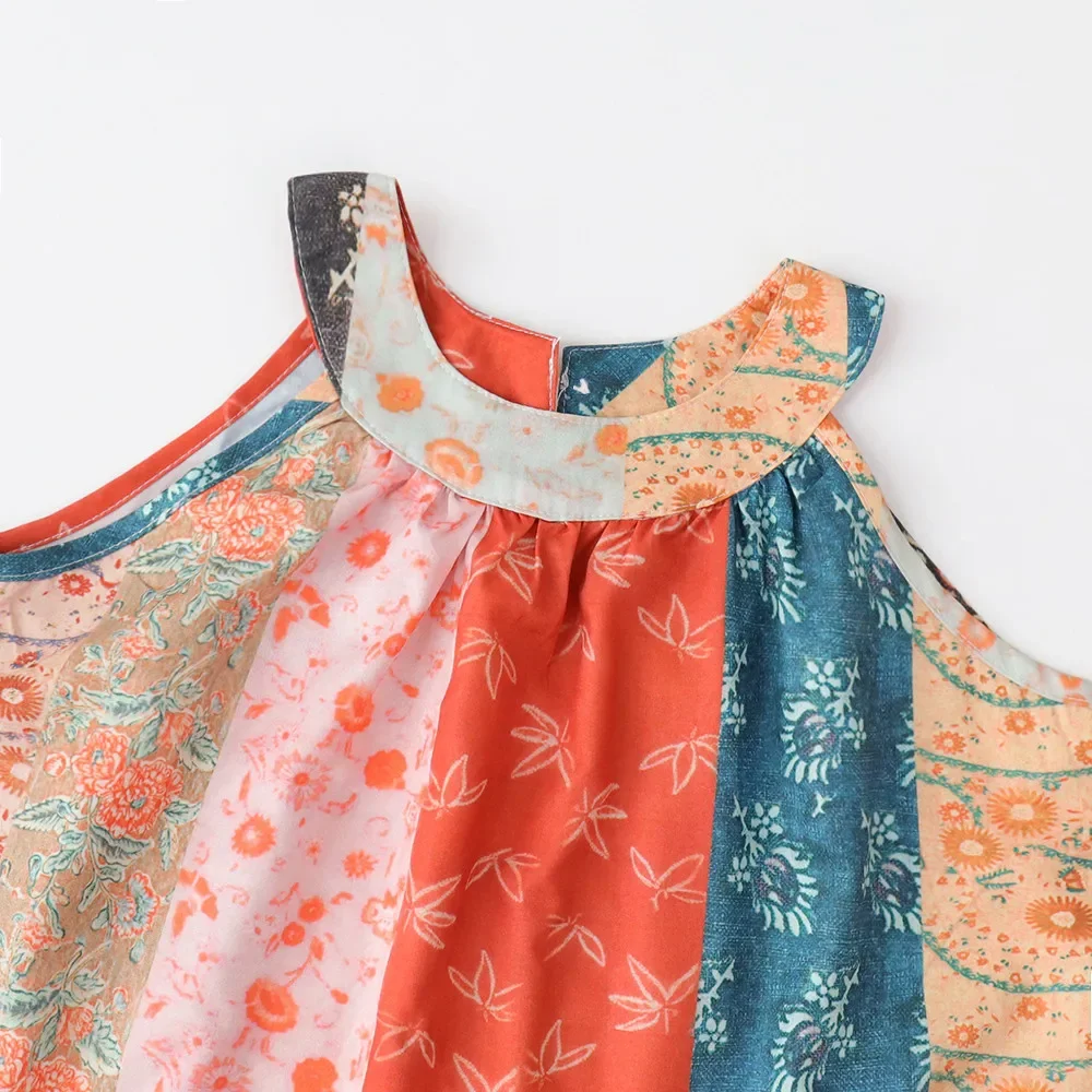 فستان صيفي للفتيات من عمر 3 إلى 7 سنوات بدون أكمام مطبوع عليه زهور ورقبة معلقة قطعة واحدة ملابس كاجوال للعطلات للأطفال #4