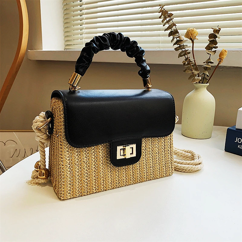 

Straw Beach Bag for Women 2021 Summer Pleated Handle Luxury Designer Bag Contrast Color Crossbody Purse and Handbag Lady Bolsos