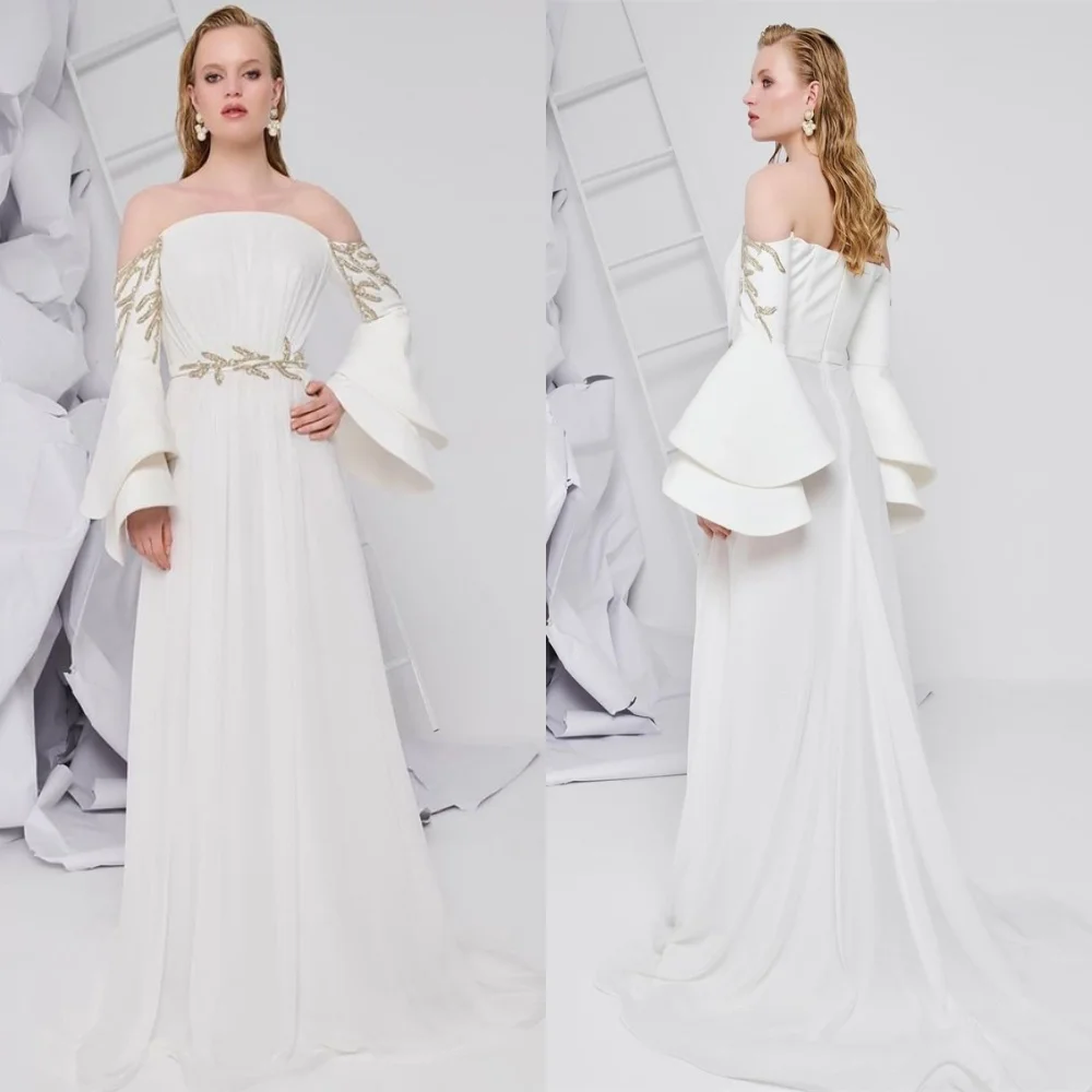 Customized Exquisite White Jersey Evening Dress Classic Strapless Off the Shoulder Long Sleeves Zipper Back Homecoming Dress