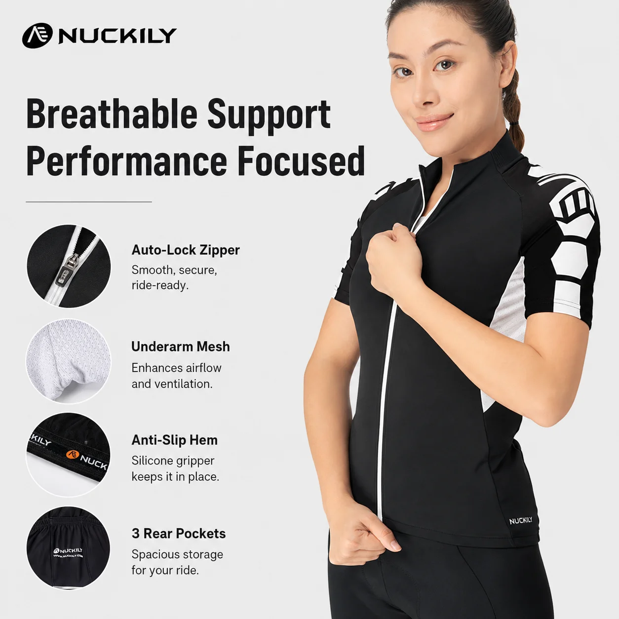 

NUCKILY Women's Pro Cycling Top, 3D Slim Fit, High Elastic Lycra, Breathable Mesh with Anti-slip Silicone Hem