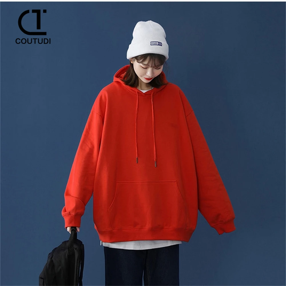 COUTUDI Korean Fashion Hooded Sweatshirt T-shirt Oversize Solid Color Women\'s Sweater Pocket Sports Loose Pullover Tops Hoodies