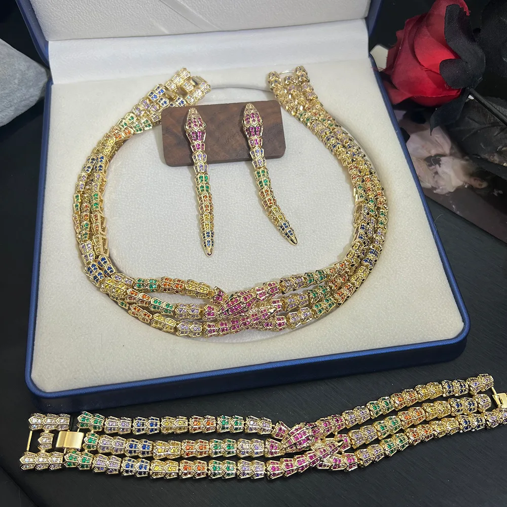 Luxury Colorful Rhinestone 18K Gold Plated 4Pcs Jewelry Set Women Necklace Earring Bracelet High-end Bridal Wedding Party Gifts
