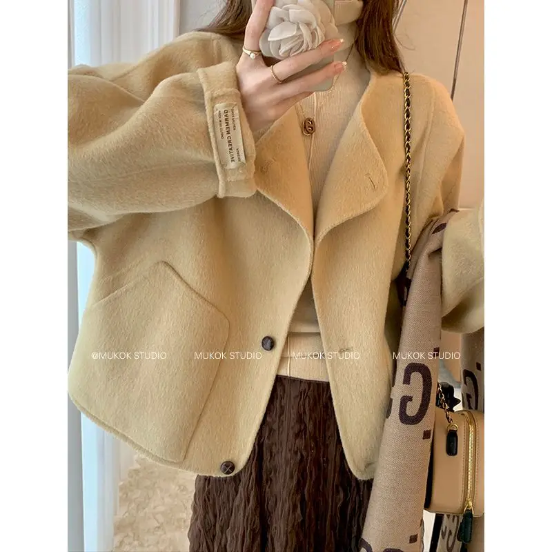 Korean Woolen Trench Coat Woman Set Lapel Long Sleeved A-line Autumn Elegant Female Fashion Outfit