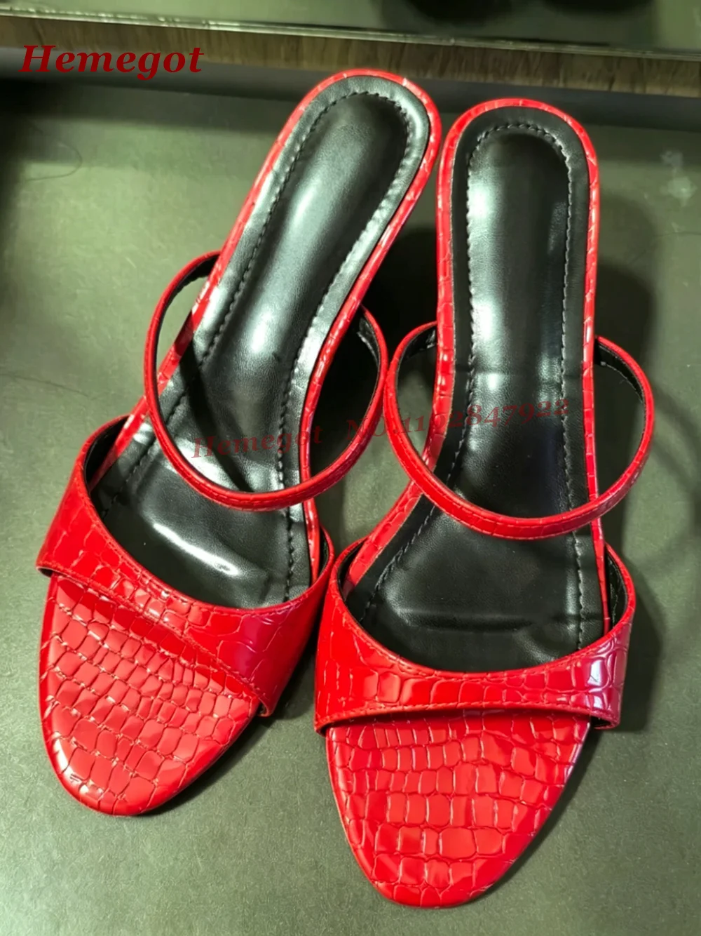 Red Crocodile Embossed Mule Sandals Open Toe Two Strap Slip-On Heels Slippers Stiletto Heels Casual Summer Party Shoes Luxury