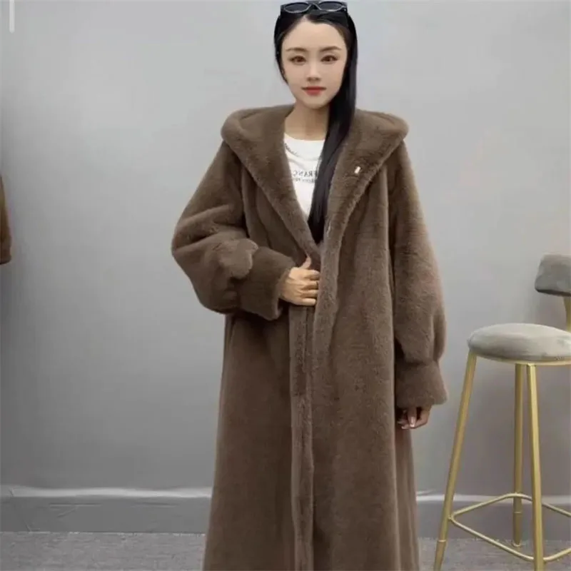 Korean Women High-end Hooded Fur Jacket Autumn Female Fashion Long Sleeved Plush Coat Winter Ladies Mid-length Faux Fur Outwear