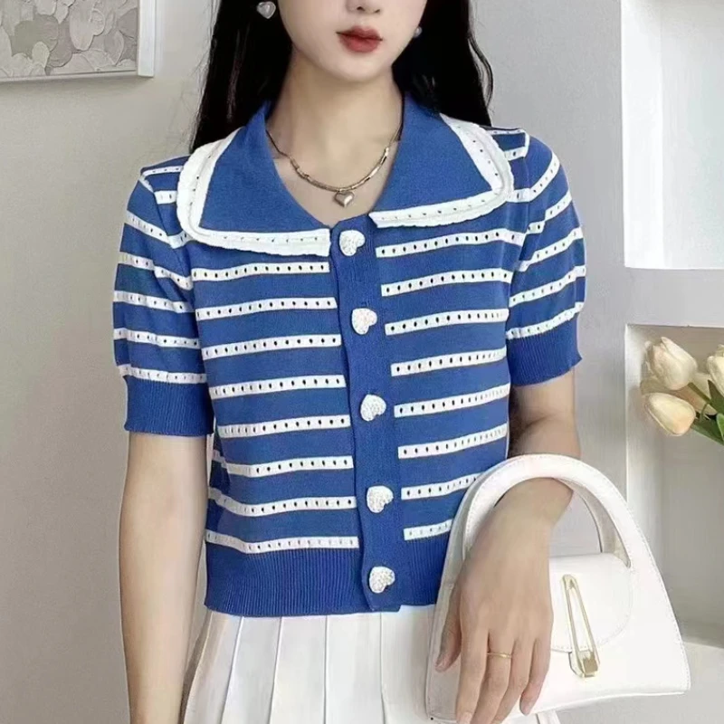 

Striped T-shirts Women Summer Elegant Fashion Sweet All-match Leisure Korean Style Classic Tender 4-colors Футболка Женский Chic