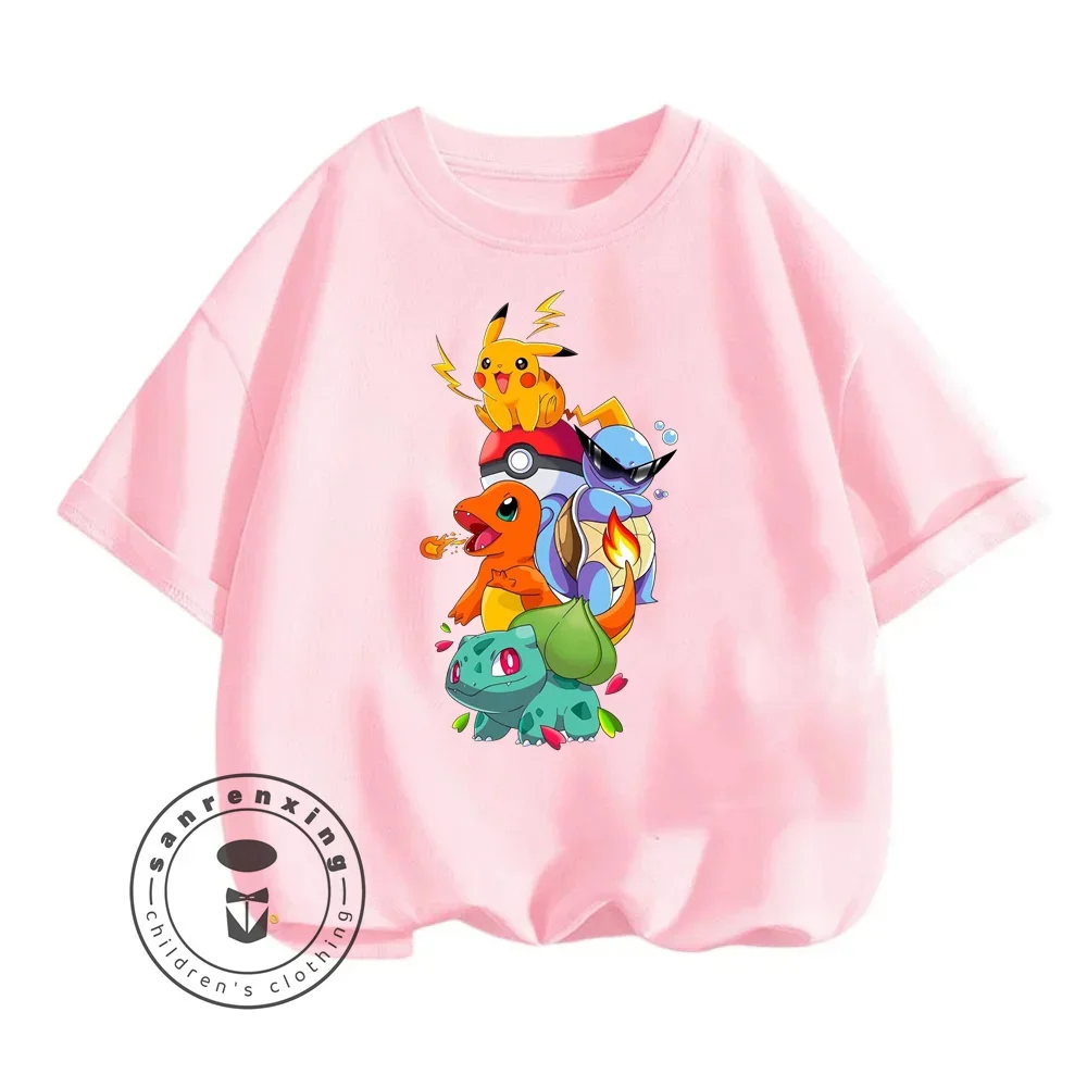 

Summer for Fit Boys and GirlsPikachu Games Cartoon Character Print Design O-neck Preppy Style and Loose Short Sleeve T-shirts