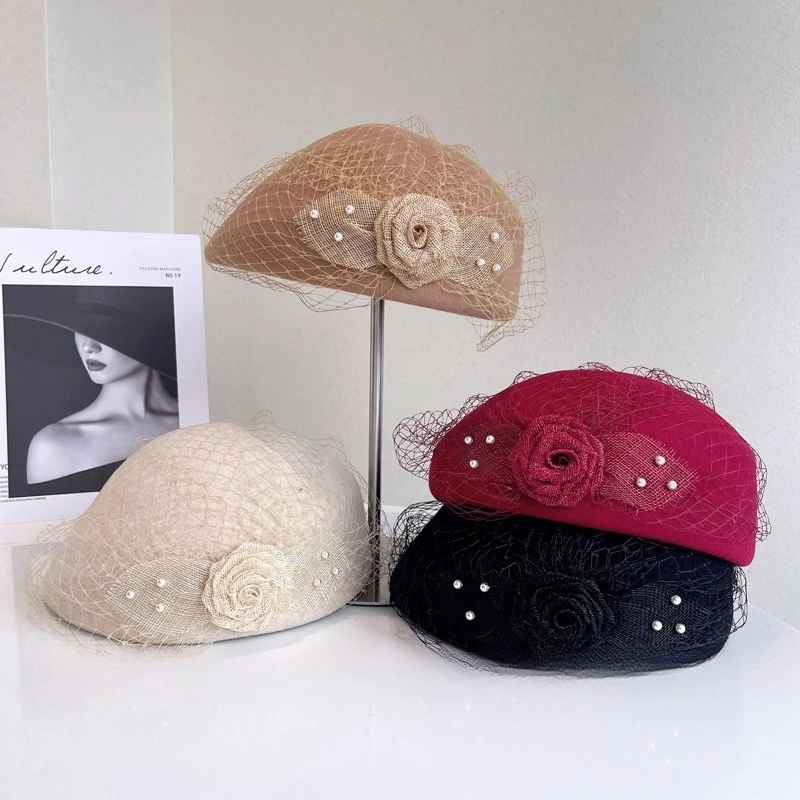 New Cashmere Wool Flower Hat with Veil British Style Temperament Fascinator Hat Lady Bride Formal Hat