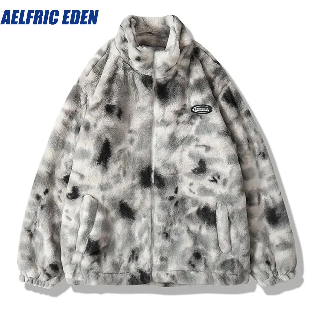 Jaqueta de lã Aelfric Eden Faux Fur para homens, Streetwear Hip Hop Harajuku Tie Dye Heart Fuzzy Jackets, casacos casuais quentes com zíper, inverno