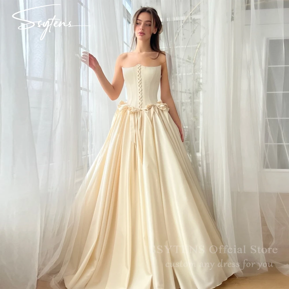 SSYTENS A-line Strapless Satin Evening Dresses Elegant Bows Criss-cross Long Prom Gowns Women Princess Evening Gowns Customized