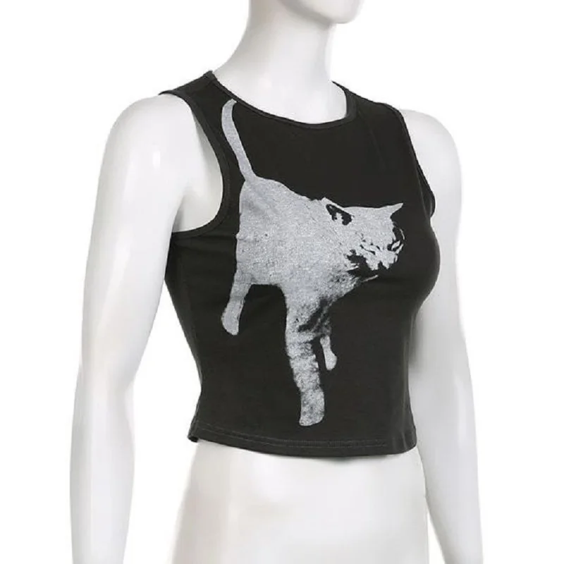 Summer Cat Vintage Pattern Print Vintage High Street Apparel Aesthetics Women\'s Casual Tank Top Harajuku Trendy Tank Top