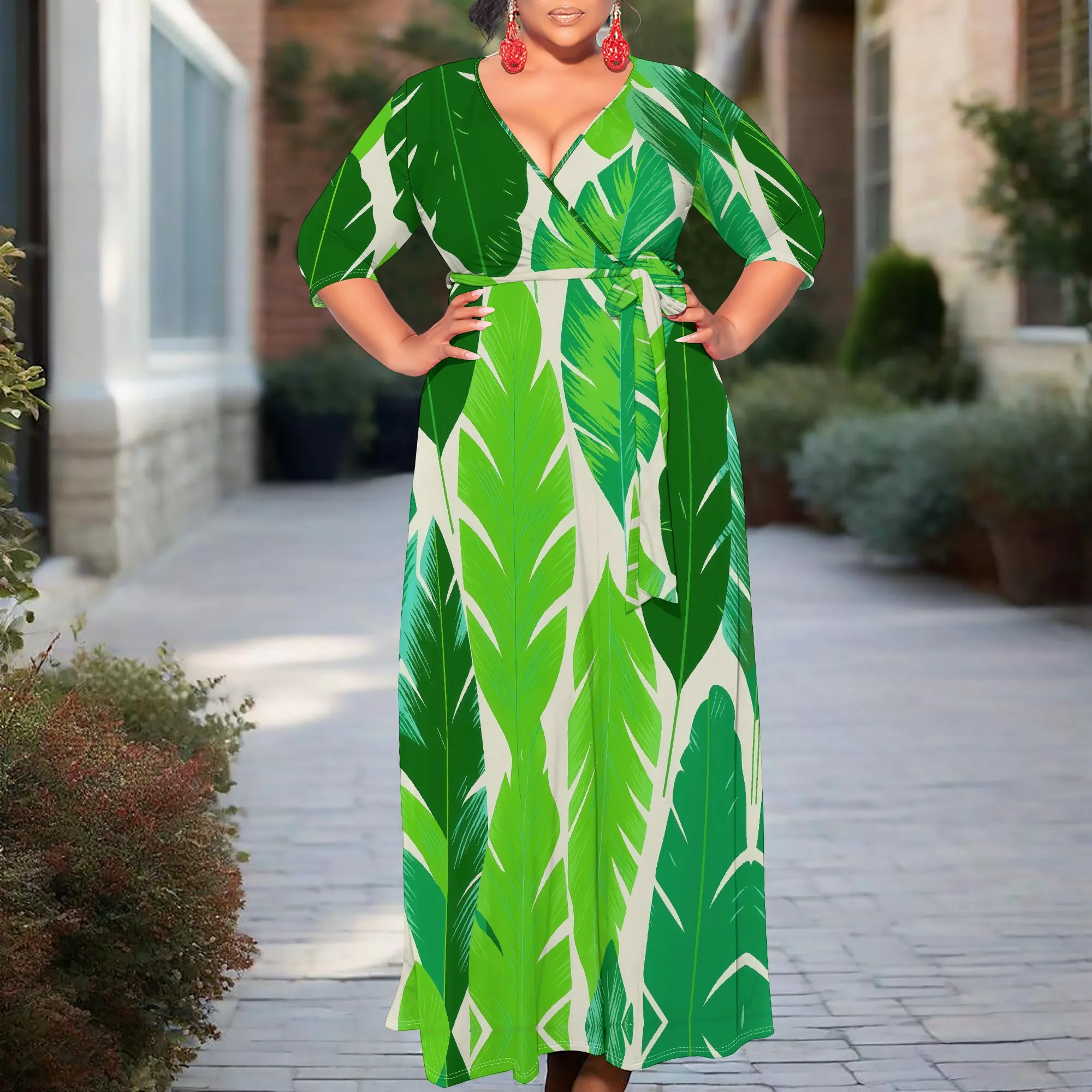 

Plus Size Green Leaf Print Maxi Dress for Women XL-6XL 2025 Summer V Neck Tie Waist Casual Loose Tropical Vacation Dress