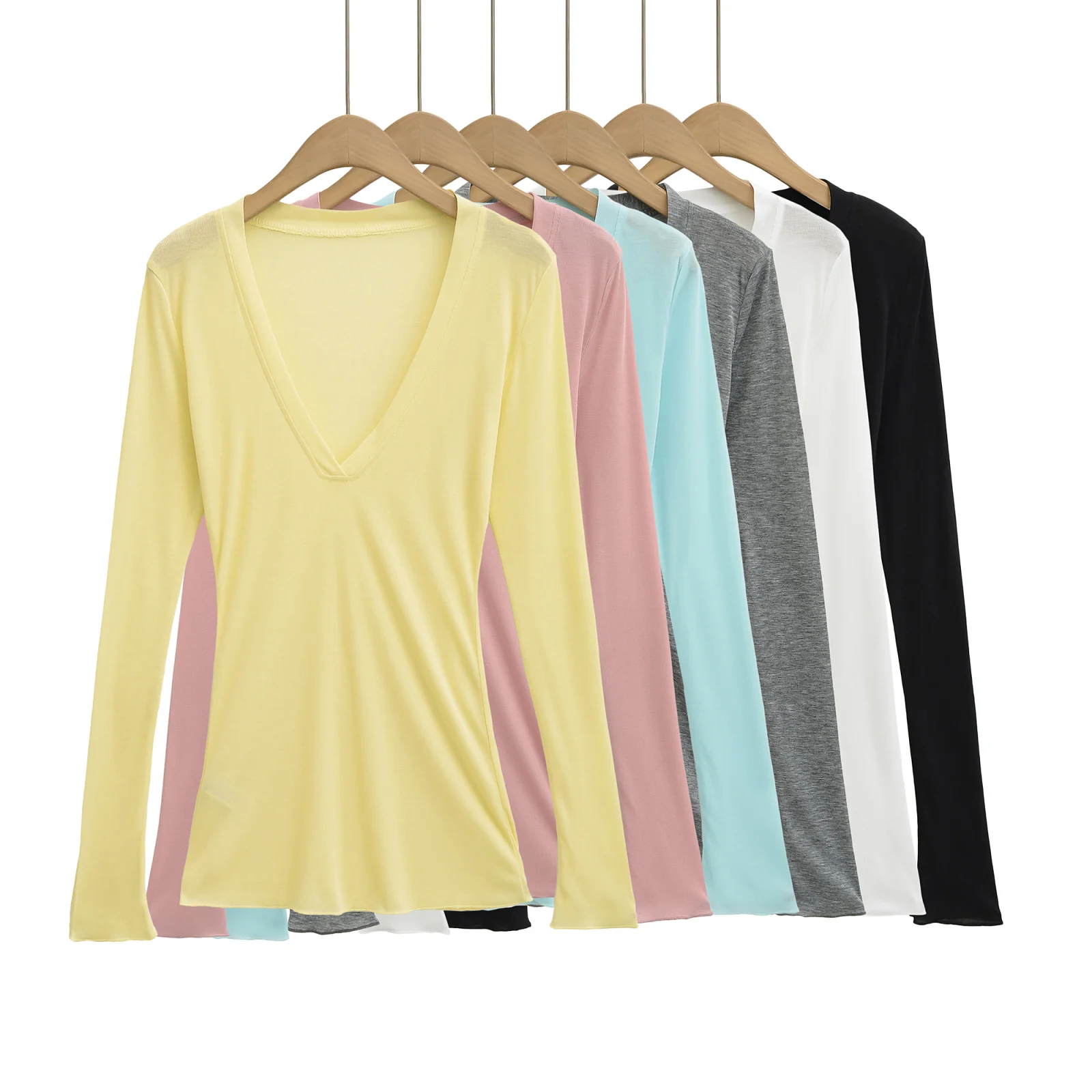 セクシーな深いVネックのロング丈Tシャツ、レディースインナーウェア、スリムフィット、ストリートスタイル、ピュアカラー、秋冬ファッショントップ