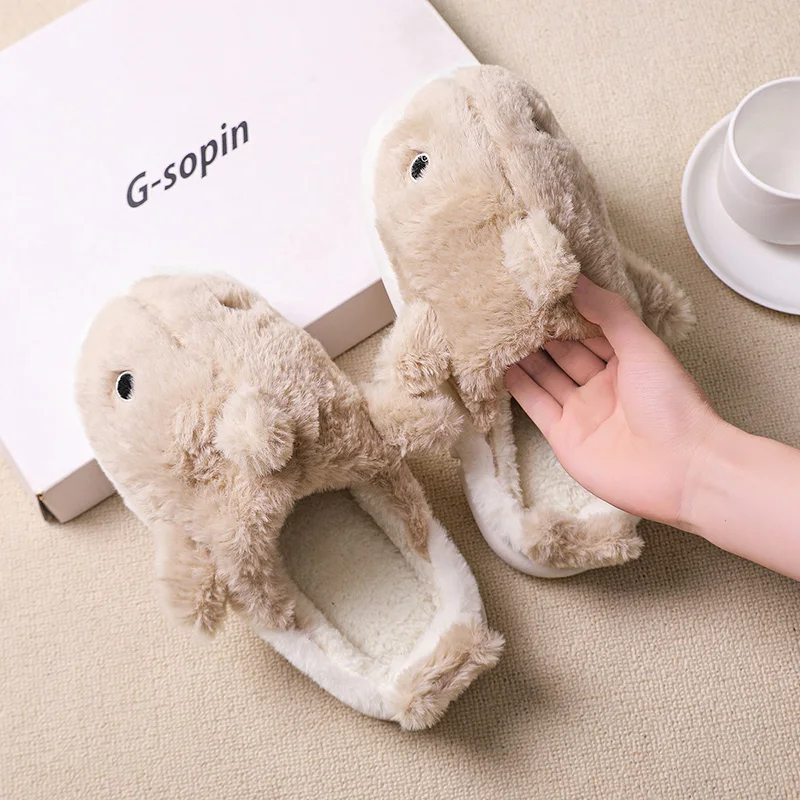 Shark Pattern Embroidery Stuffed Home Devil Slide Plaid Furry Cotton Slippers Warm Non-slip Indoor Slipper Pumpkin Mom Gift