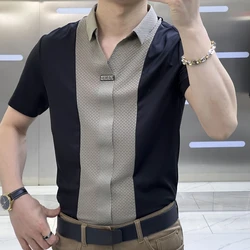 Men's Shirt Spliced High Quality Luxury Male Shirts Black Short Sleeve Business Cheap Brand Xxl Things Young On Sale Elegant I