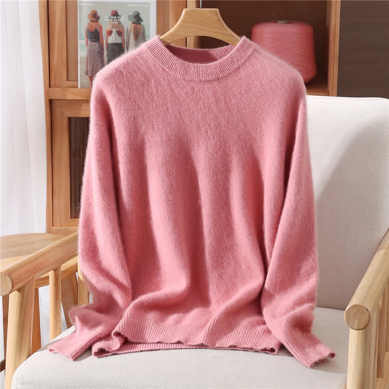 

Solid Women's O-Neck Elegant Pullover Soft Warm 100% Mink Cashmere Sweater Autumn Winter Soft Casual Loose Clothing Tops