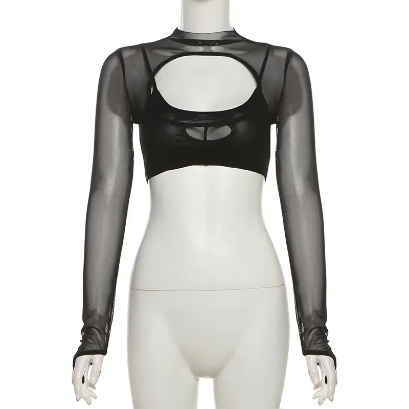 Hollow Out T Shirts For Women Mini 2 Pcs Set Rave Outfits Mesh Crop Top Skinny Camisole Ropa De Mujer See Through Y2k Clothes