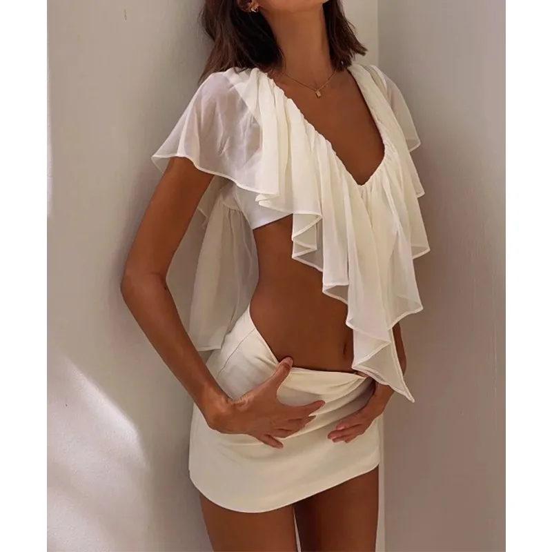 

Women Chiffon Ruffle Mini Skirt Two Piece Set Deep V Backless Crop Tank Top Bodycon Sexy Y2K Date Vacation Outfit 2026