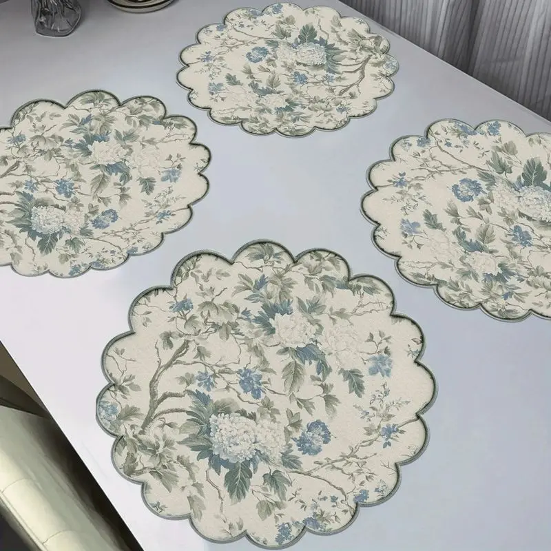 Blue Hydrangea Floral Scalloped Light Vintage Round Placemats Heat Resistant Washable Non Slip Minimalist Dining Table Decor