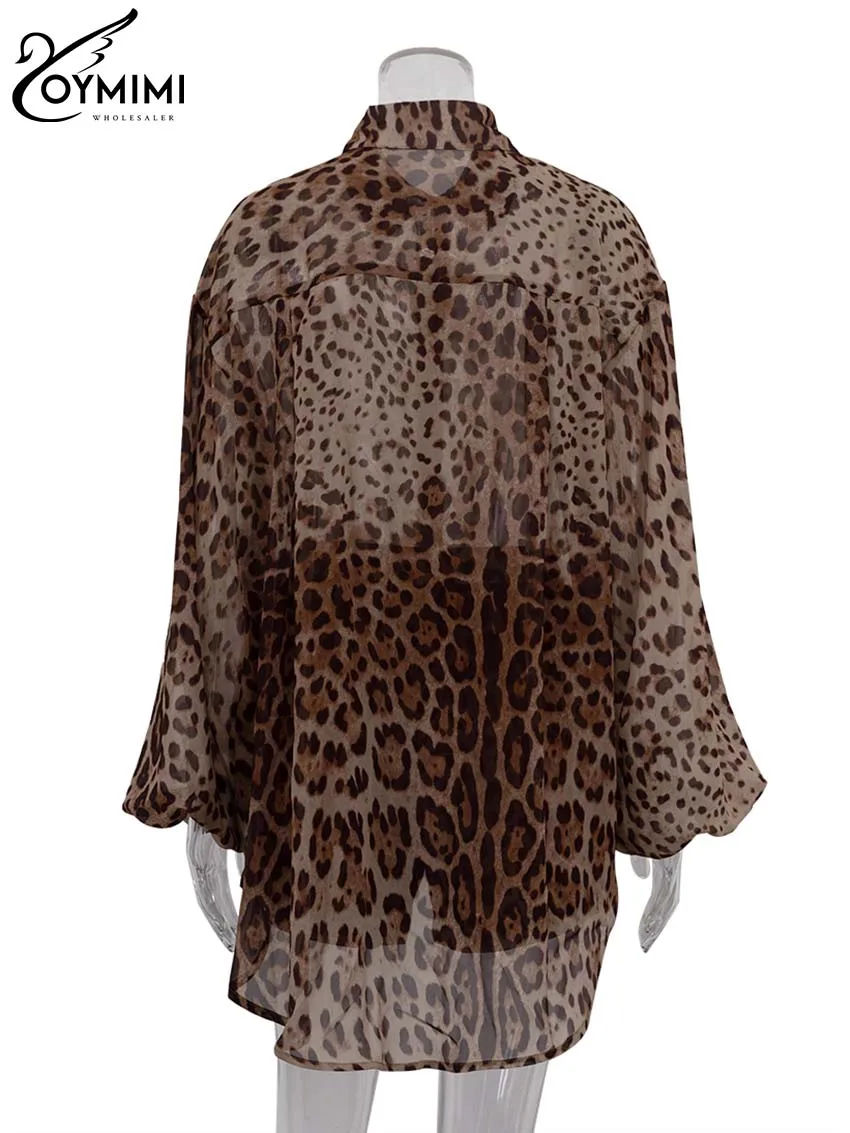 Oymimi Fashion Brown Leopard Print Sets For Women 2 Pieces Elegant Puff Sleeve Button Shirts And Drawstring Shorts Female Sets