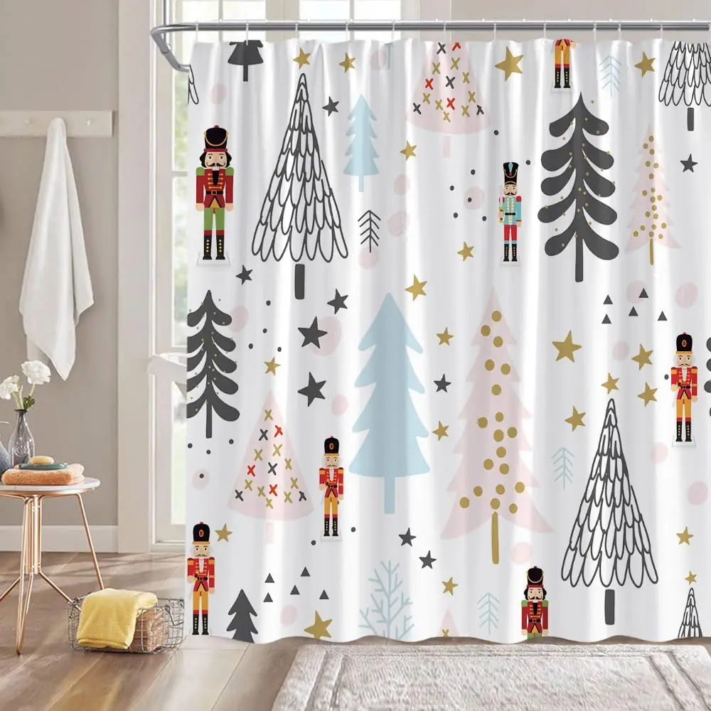 

Funny Gray Blue Pink Xmas Tree Christmas Shower Curtain, Waterproof Winter Holiday Bathroom Decor for Seasonal Festival