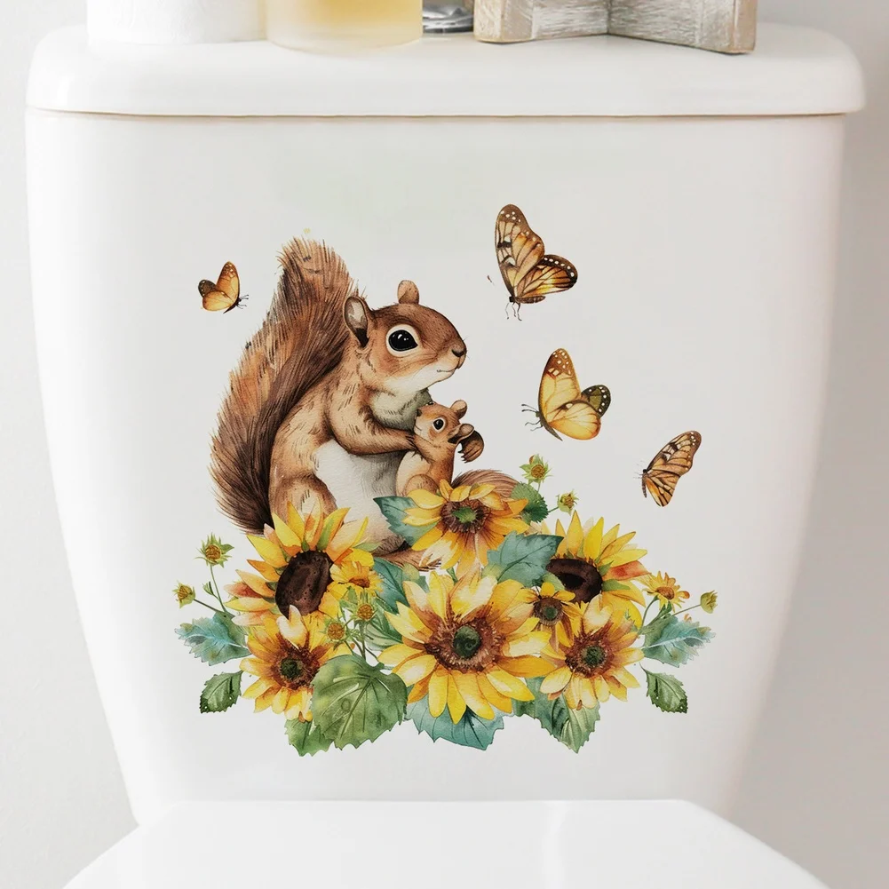 Bathroom Toilet Wall Sticker Sunflower Squirrel PVC 30x30cm Waterproof Decor for Tile Glass Easy Application Decal view 2