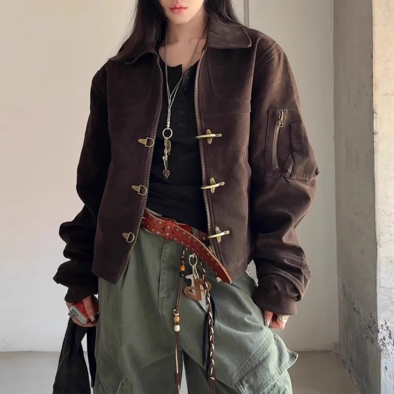 

America Retro Suede Bomber Jacket Women Spring Autumn Faux Leather Trench Coats Women Vintage Brown Jackets Men Unisex